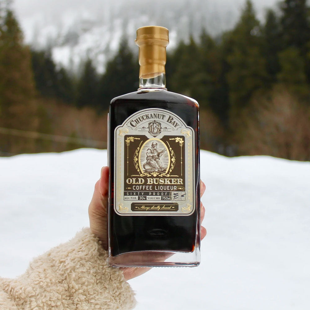 Chuckanut Bay Distillery Old Busker Coffee Liqueur in Hand