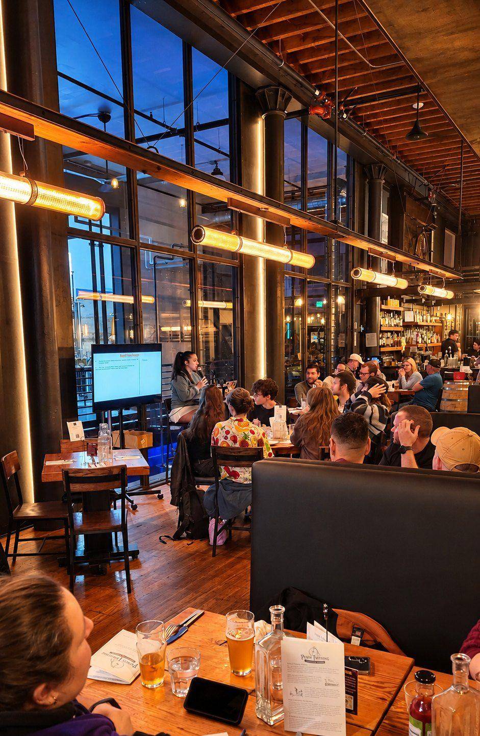 Trivia night at Penny Farthing: the host on the mic beside the screen, with full tables along the windows