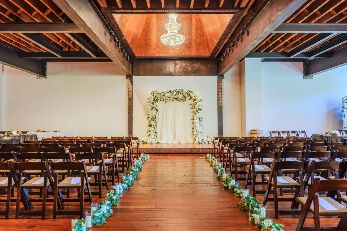 The ballroom set for a ceremony